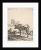Cowherd with cow and calf on a hillside, the cowherd viewed from behind and seated in the …, 1658 by Karel Du Jardin