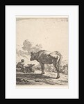 Cowherd with cow and calf on a hillside, the cowherd viewed from behind and seated in the …, 1658 by Karel Du Jardin