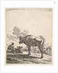 Cowherd with cow and calf on a hillside, the cowherd viewed from behind and seated in the …, 1658 by Karel Du Jardin
