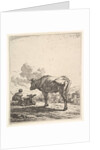 Cowherd with cow and calf on a hillside, the cowherd viewed from behind and seated in the …, 1658 by Karel Du Jardin