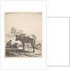 Cowherd with cow and calf on a hillside, the cowherd viewed from behind and seated in the …, 1658 by Karel Du Jardin