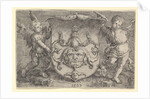 Coat of Arms with a Mask, Held by Two Genii, 1527 by Lucas van Leyden