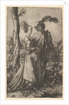Lord and lady walking with figure of death hiding behind a tree, holding an hourg…, ca. 1500-1534 by Marcantonio Raimondi