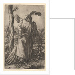 Lord and lady walking with figure of death hiding behind a tree, holding an hourg…, ca. 1500-1534 by Marcantonio Raimondi