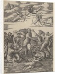 Galatea standing in a water-chariot pulled by two dolphins, surrounded by tritons, nere…, 1515-16 by Marcantonio Raimondi