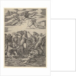 Galatea standing in a water-chariot pulled by two dolphins, surrounded by tritons, nere…, 1515-16 by Marcantonio Raimondi