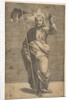 Christ standing facing forward, holding a cross with a banner and raising his left …, ca. 1515-27 by Marco Dente