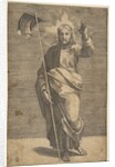 Christ standing facing forward, holding a cross with a banner and raising his left …, ca. 1515-27 by Marco Dente