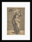 Christ standing facing forward, holding a cross with a banner and raising his left …, ca. 1515-27 by Marco Dente