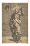Christ standing facing forward, holding a cross with a banner and raising his left …, ca. 1515-27 by Marco Dente
