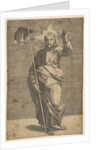 Christ standing facing forward, holding a cross with a banner and raising his left …, ca. 1515-27 by Marco Dente