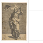 Christ standing facing forward, holding a cross with a banner and raising his left …, ca. 1515-27 by Marco Dente