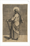 Saint Simon standing facing left, holding a saw and a book, ca. 1515-27 by Marco Dente