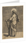 Saint Simon standing facing left, holding a saw and a book, ca. 1515-27 by Marco Dente