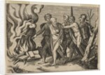 A group of men at right pushing philosophers toward a fire with burning books at th…, ca. 1515-27 by Marco Dente (attributed to)