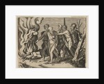 A group of men at right pushing philosophers toward a fire with burning books at th…, ca. 1515-27 by Marco Dente (attributed to)