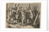 A group of men at right pushing philosophers toward a fire with burning books at th…, ca. 1515-27 by Marco Dente (attributed to)
