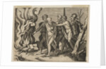 A group of men at right pushing philosophers toward a fire with burning books at th…, ca. 1515-27 by Marco Dente (attributed to)