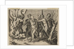 A group of men at right pushing philosophers toward a fire with burning books at th…, ca. 1515-27 by Marco Dente (attributed to)