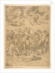Galatea riding in a shell pulled through the water by dolphins, a cupid below and f…, ca. 1515-27 by Marco Dente