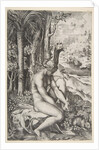 Venus removing a thorn from her left foot while seated on a cloth next to trees, a …, ca. 1515-27 by Marco Dente