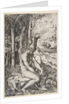 Venus removing a thorn from her left foot while seated on a cloth next to trees, a …, ca. 1515-27 by Marco Dente