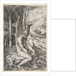 Venus removing a thorn from her left foot while seated on a cloth next to trees, a …, ca. 1515-27 by Marco Dente