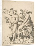Juno, Ceres, and Psyche in the clouds conversing, Juno seated with a peacock at her…, ca. 1515-27 by Marco Dente