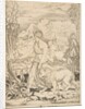 Fortitude in profile view walking toward a fire at left and leading a harnessed lio…, ca. 1515-27 by Marco Dente