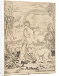 Fortitude in profile view walking toward a fire at left and leading a harnessed lio…, ca. 1515-27 by Marco Dente