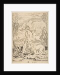 Fortitude in profile view walking toward a fire at left and leading a harnessed lio…, ca. 1515-27 by Marco Dente