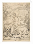 Fortitude in profile view walking toward a fire at left and leading a harnessed lio…, ca. 1515-27 by Marco Dente