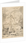 Fortitude in profile view walking toward a fire at left and leading a harnessed lio…, ca. 1515-27 by Marco Dente