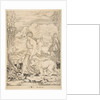 Fortitude in profile view walking toward a fire at left and leading a harnessed lio…, ca. 1515-27 by Marco Dente