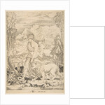 Fortitude in profile view walking toward a fire at left and leading a harnessed lio…, ca. 1515-27 by Marco Dente