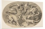 A lion, dragon and fox fighting each other, an inscribed banderole above, an oval c…, ca. 1515-27 by Marco Dente