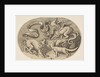 A lion, dragon and fox fighting each other, an inscribed banderole above, an oval c…, ca. 1515-27 by Marco Dente