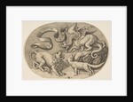 A lion, dragon and fox fighting each other, an inscribed banderole above, an oval c…, ca. 1515-27 by Marco Dente