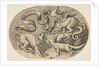 A lion, dragon and fox fighting each other, an inscribed banderole above, an oval c…, ca. 1515-27 by Marco Dente