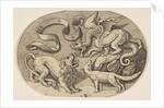 A lion, dragon and fox fighting each other, an inscribed banderole above, an oval c…, ca. 1515-27 by Marco Dente