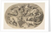 A lion, dragon and fox fighting each other, an inscribed banderole above, an oval c…, ca. 1515-27 by Marco Dente