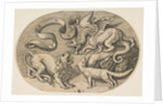A lion, dragon and fox fighting each other, an inscribed banderole above, an oval c…, ca. 1515-27 by Marco Dente