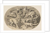 A lion, dragon and fox fighting each other, an inscribed banderole above, an oval c…, ca. 1515-27 by Marco Dente