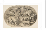 A lion, dragon and fox fighting each other, an inscribed banderole above, an oval c…, ca. 1515-27 by Marco Dente