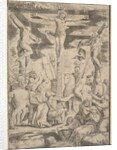 The conversion of the Centurion who flings his arms open before Christ on the cross, 1532 by Master of the Die