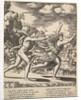 Apollo chasing Daphne who throws her arms up, in the background at right shows the mome…, 1530-60 by Master of the Die