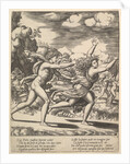 Apollo chasing Daphne who throws her arms up, in the background at right shows the mome…, 1530-60 by Master of the Die