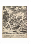 Apollo chasing Daphne who throws her arms up, in the background at right shows the mome…, 1530-60 by Master of the Die