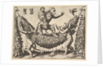 A monkey holding a bound putto standing on a garland in front of which are two winged p…, 1530-60 by Master of the Die