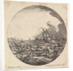 Tempest in a roundel composition, at left waves toss a small ship occupied by seven…, ca. 1625-60 by Matthijs van Plattenberg
